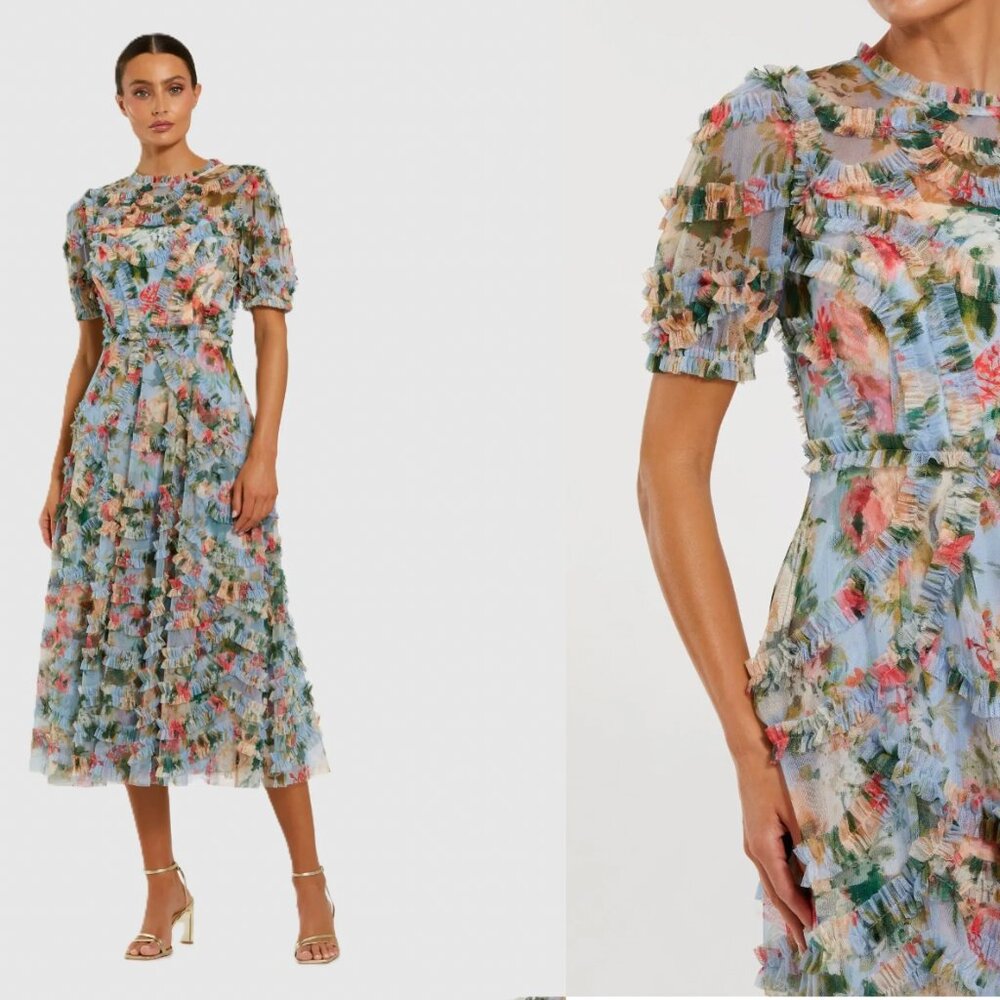 MAC DUGGAL Blue Floral Mesh Ruffle High Neck Midi Dress- size 8